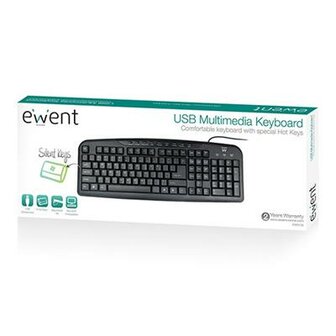 Ewent Multimedia Toetsenbord USB, Qwerty, Zwart, bedraad