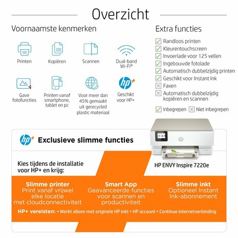 HP ENVY HP Inspire 7220e All-in-One printer, Kleur, Printer voor Home, Printen, kopiëren, scannen, Draadloos; HP+; Geschikt voor HP Instant Ink; Scan naar pdf